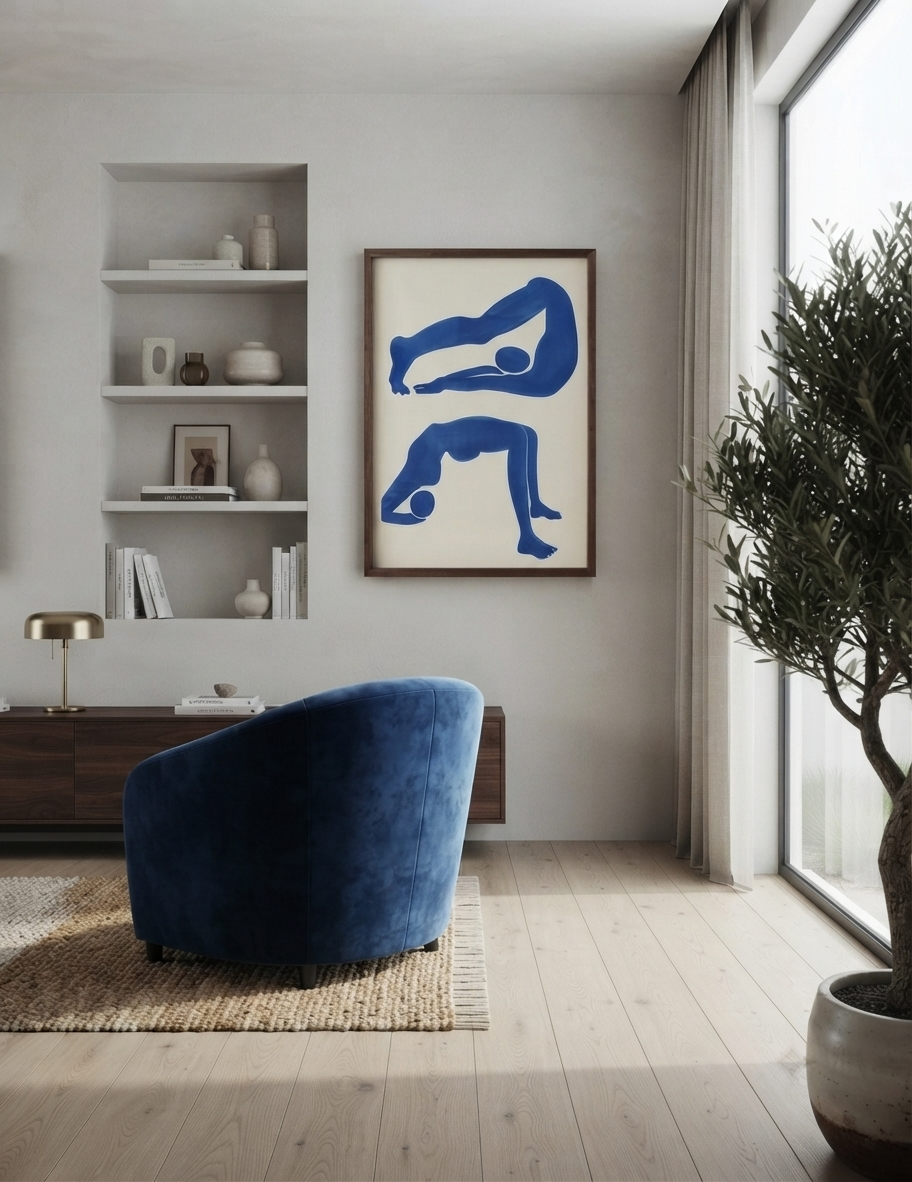 Póster contemporáneo de arte figurativo abstracto en azul