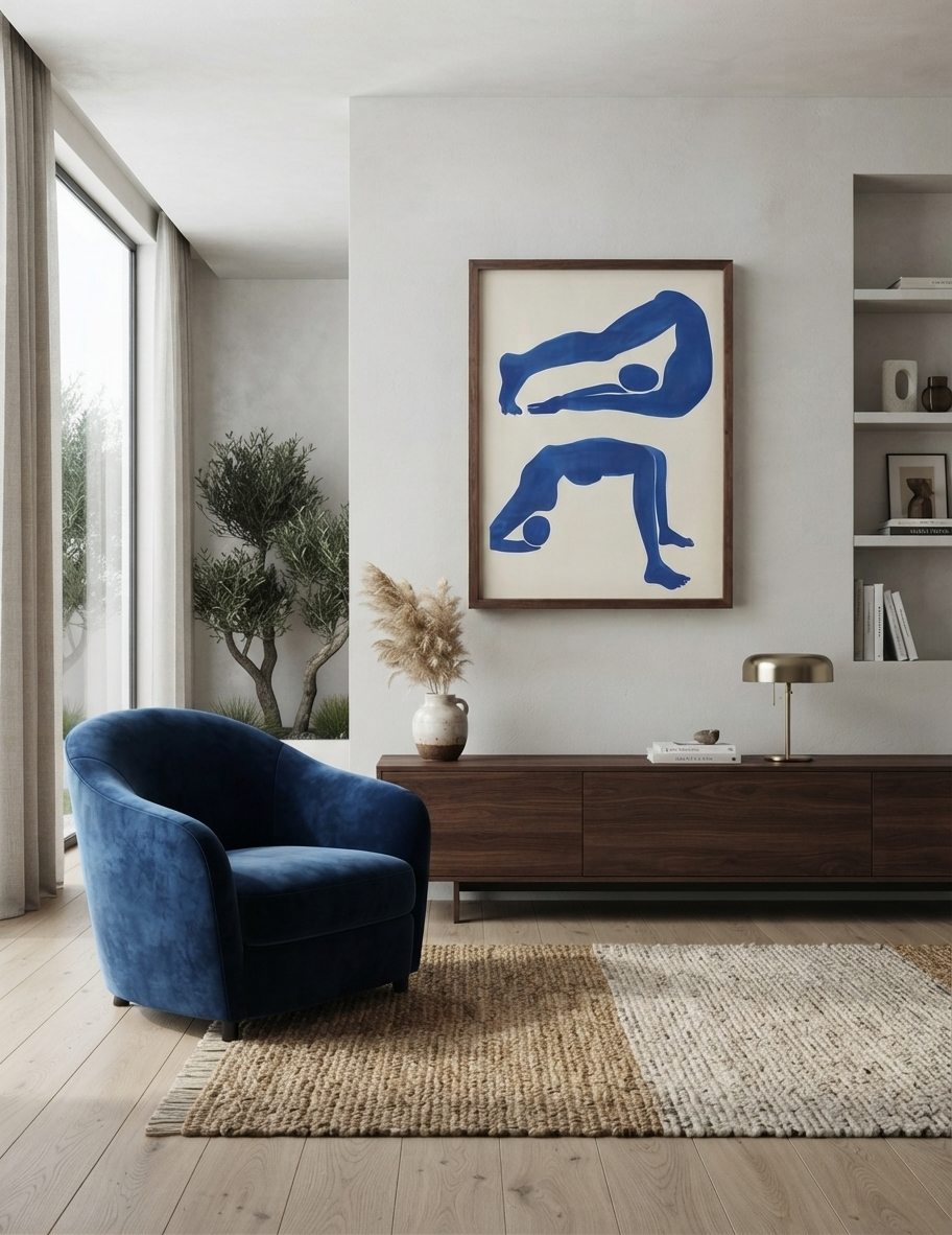 Póster contemporáneo de arte figurativo abstracto en azul