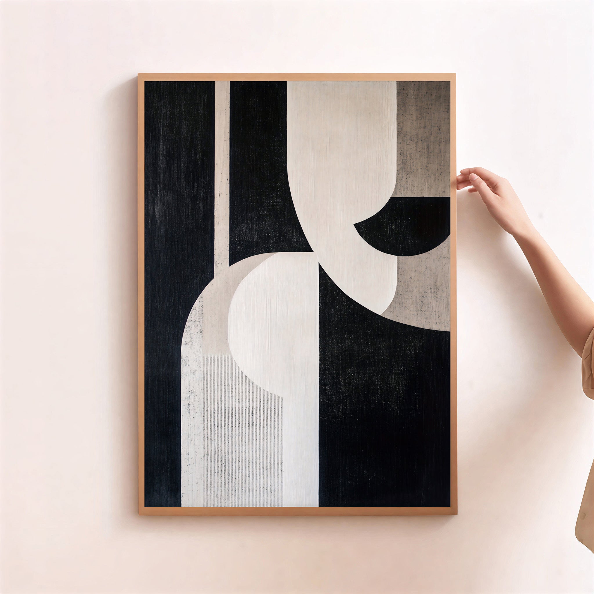 Lámina de arte abstracto geométrico en negro y beige