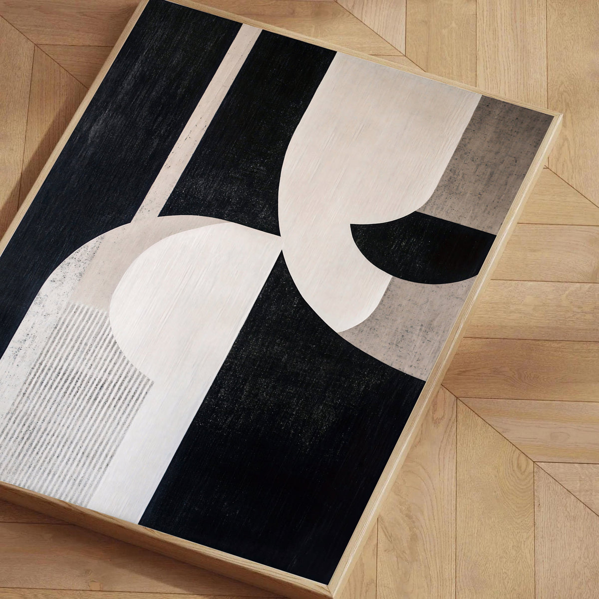 Lámina de arte abstracto geométrico en negro y beige