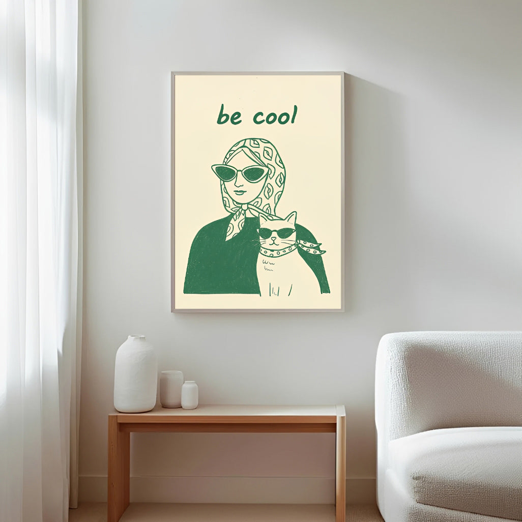 Póster estético minimalista de mujer y gato