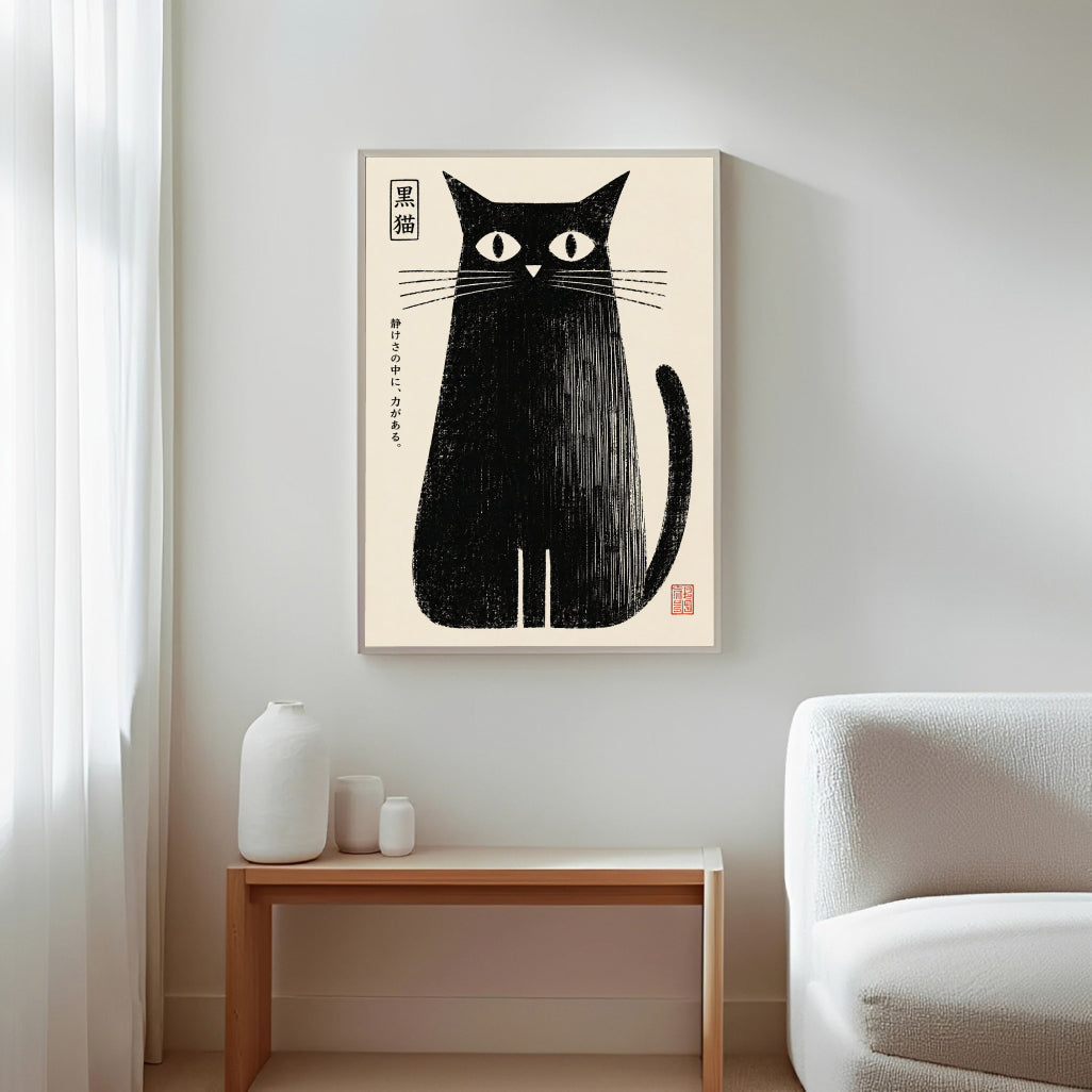 Póster japonés de gato negro