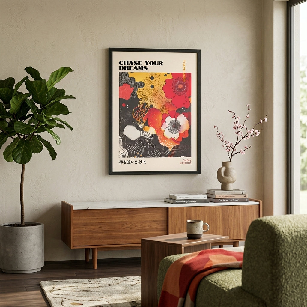 Lámina de arte gráfico japonés con amapolas