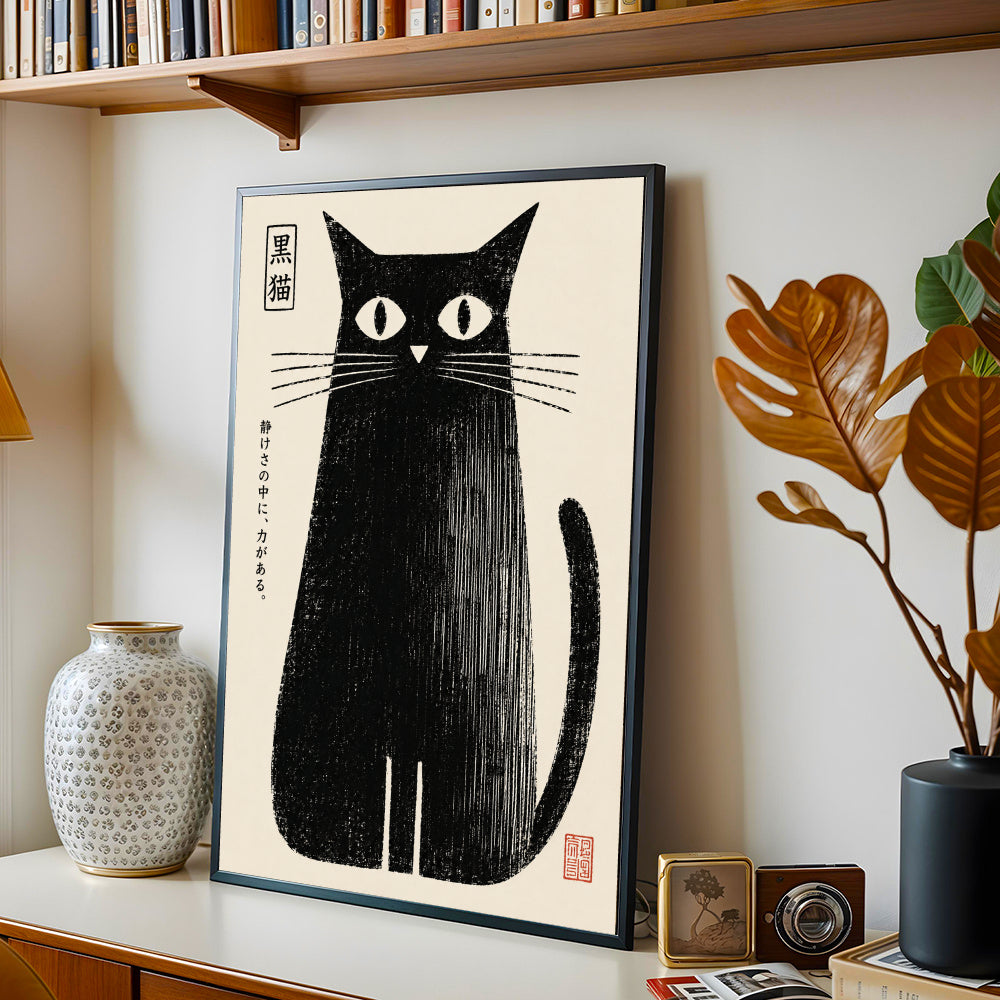 Póster japonés de gato negro