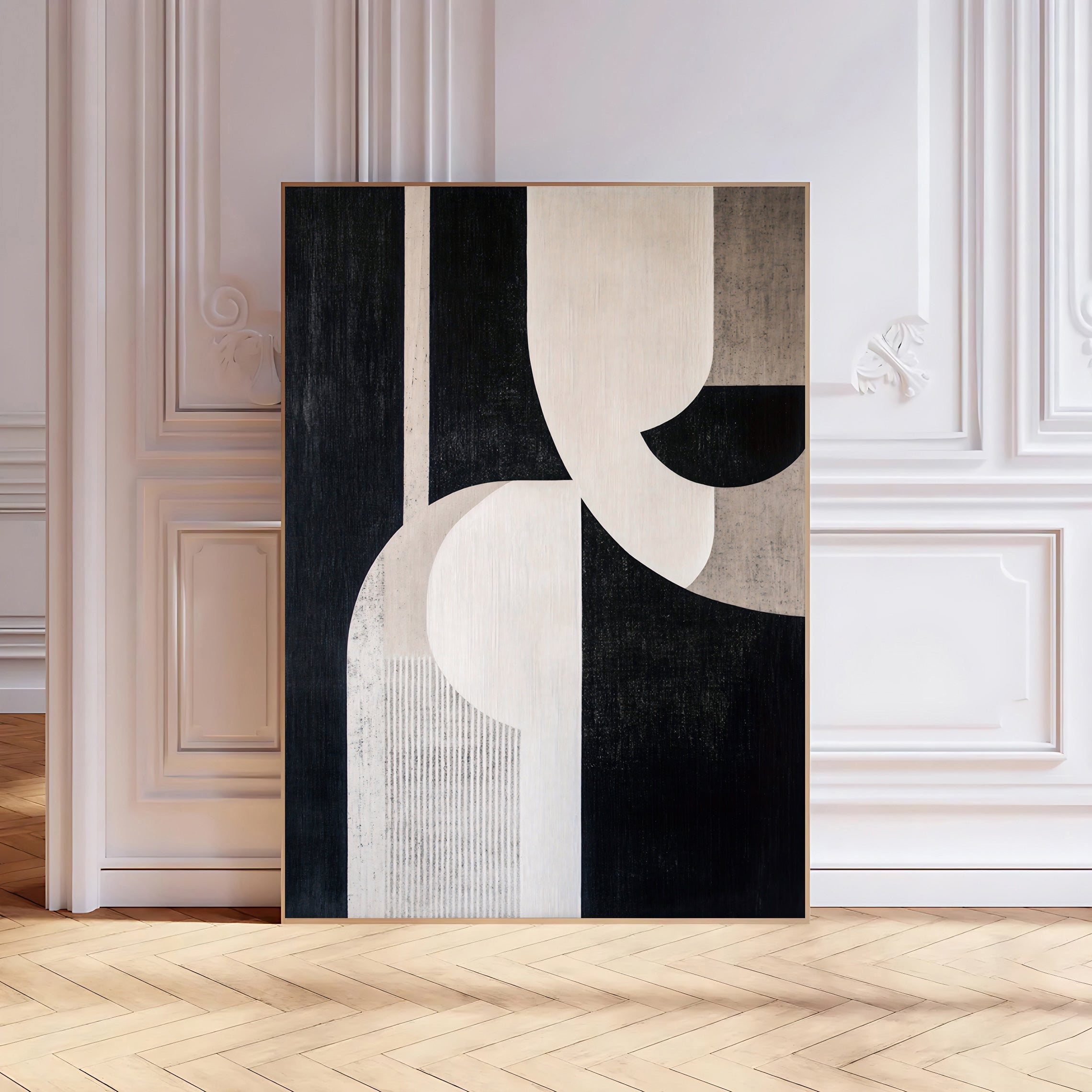 Lámina de arte abstracto geométrico en negro y beige