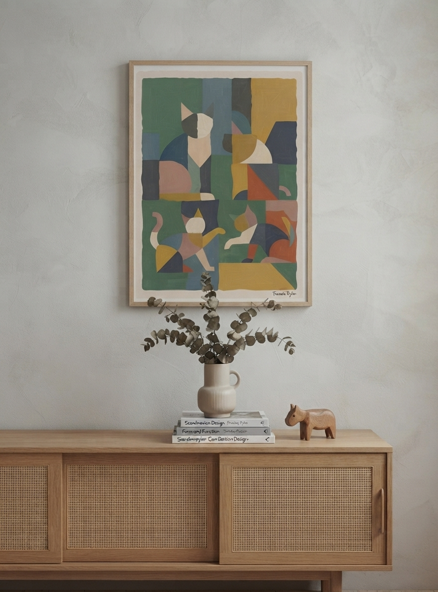 Póster acrílico de gato geométrico mid-century modern