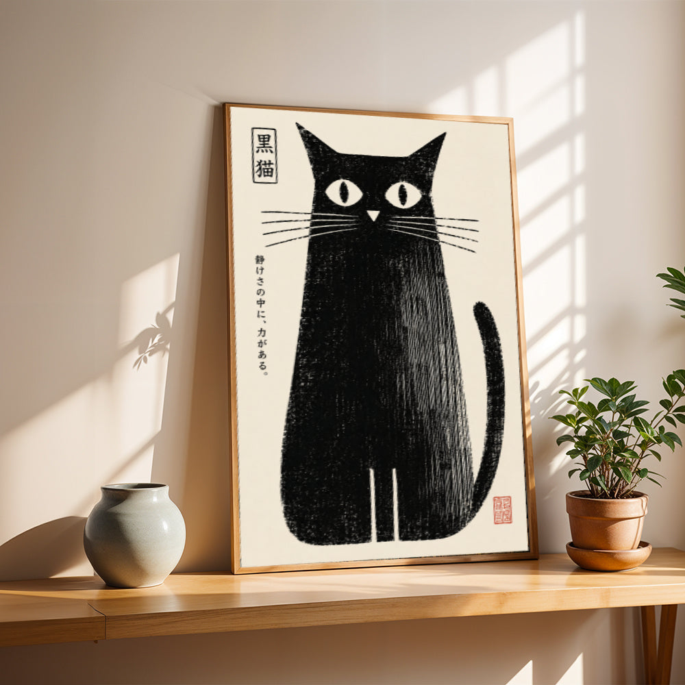 Póster japonés de gato negro