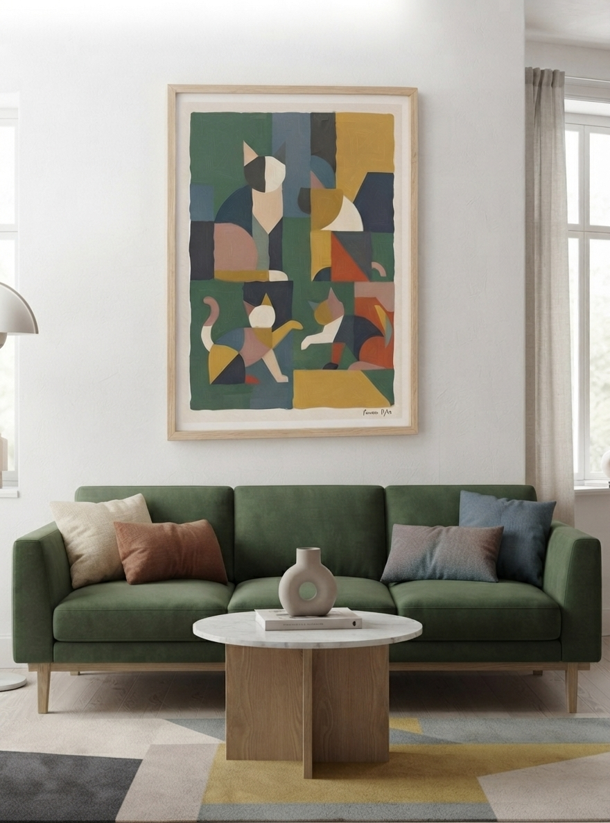 Póster acrílico de gato geométrico mid-century modern