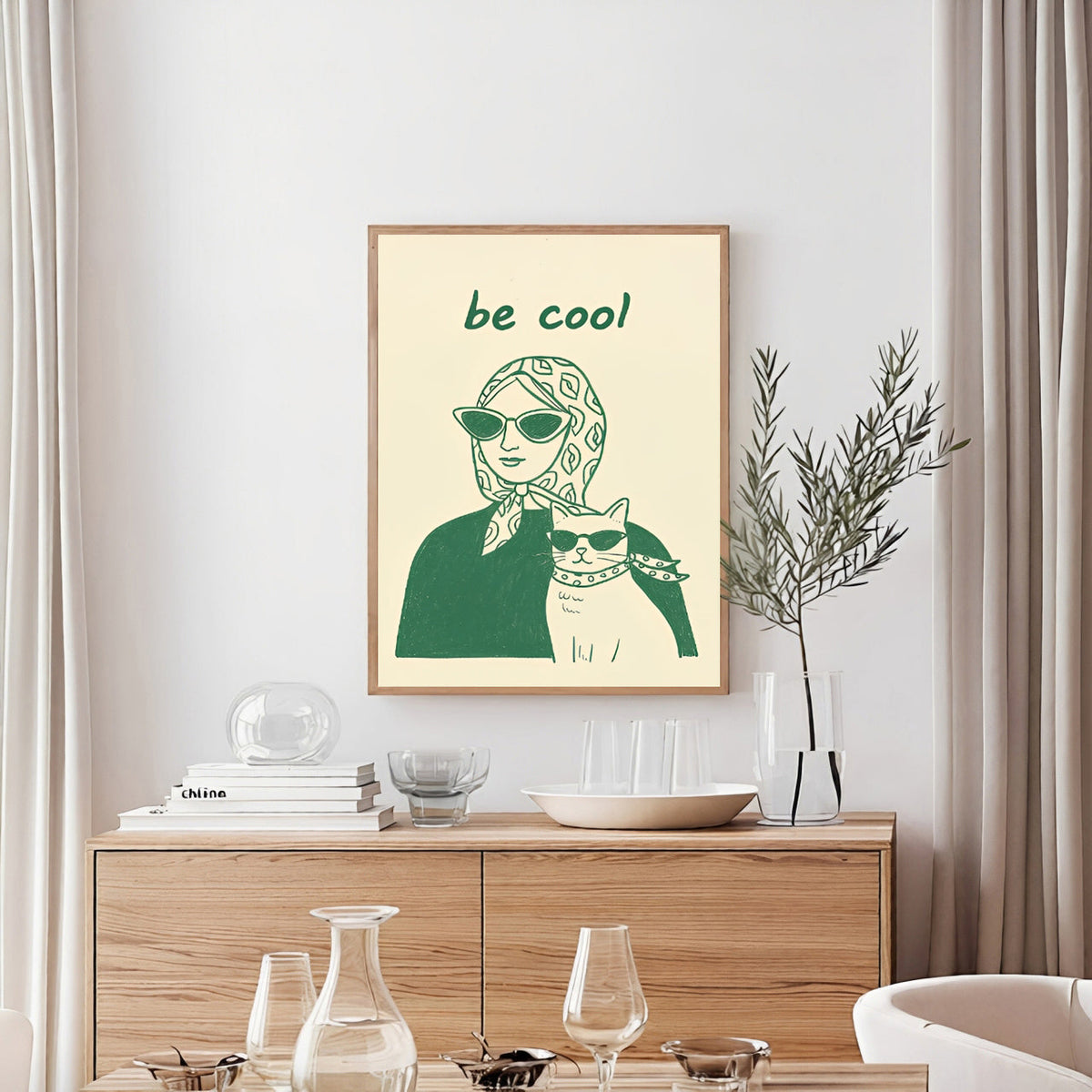 Póster estético minimalista de mujer y gato