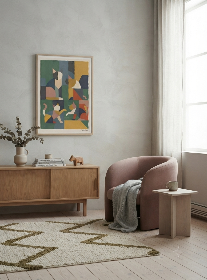 Póster acrílico de gato geométrico mid-century modern