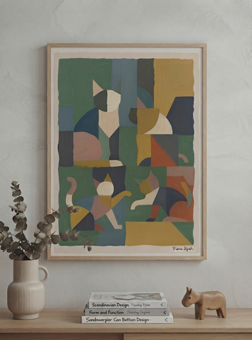 Póster acrílico de gato geométrico mid-century modern