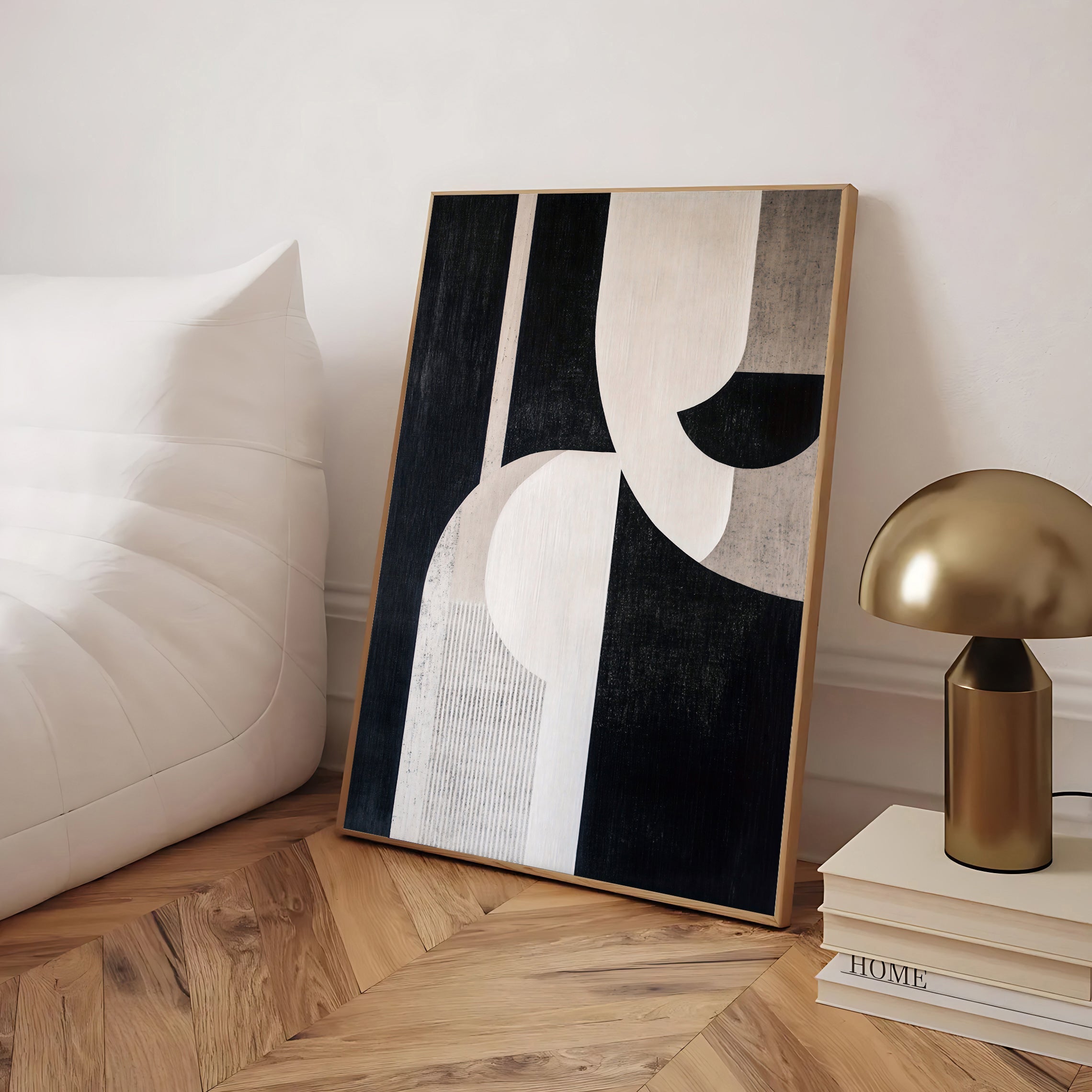 Lámina de arte abstracto geométrico en negro y beige