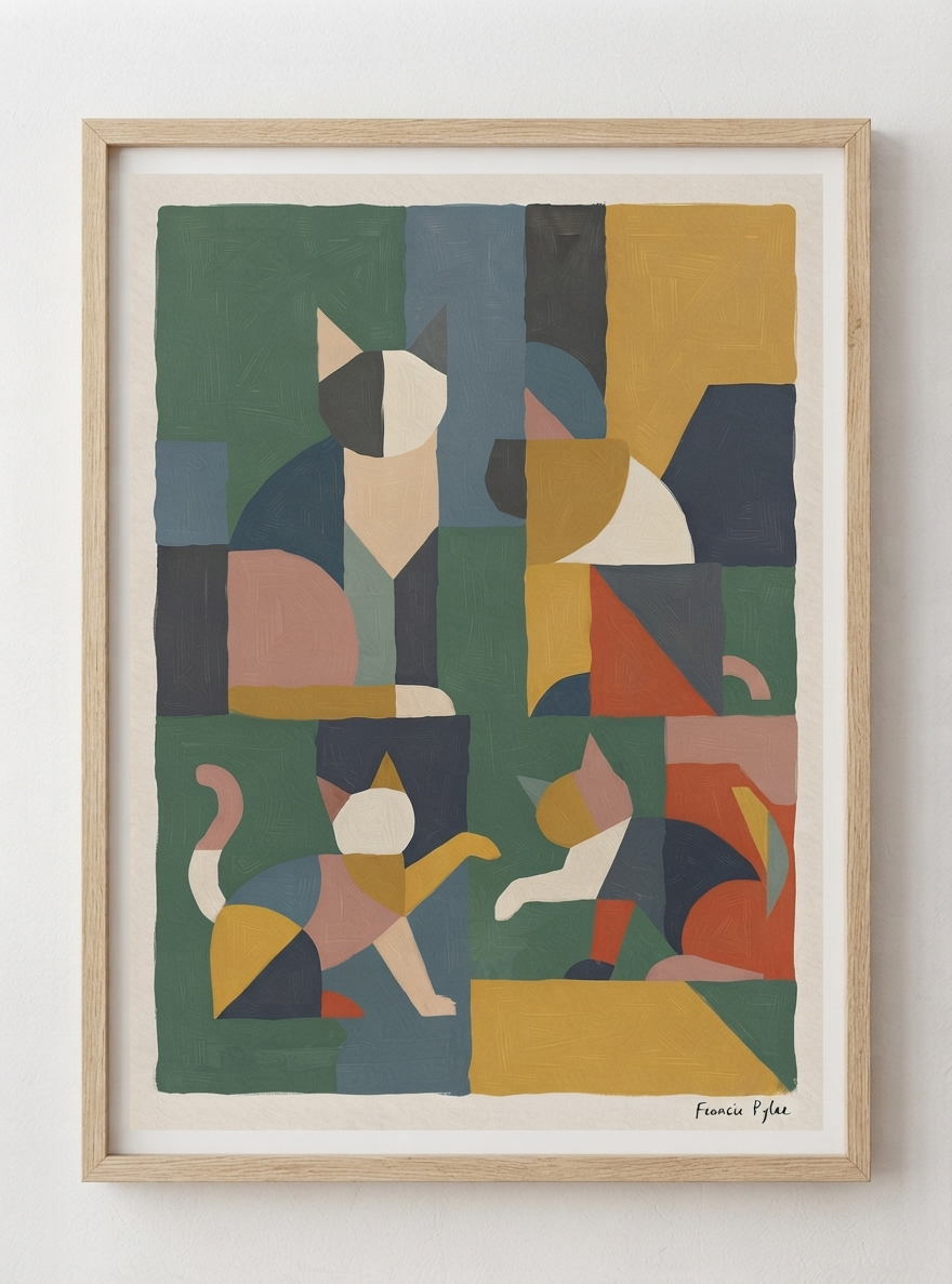 Póster acrílico de gato geométrico mid-century modern