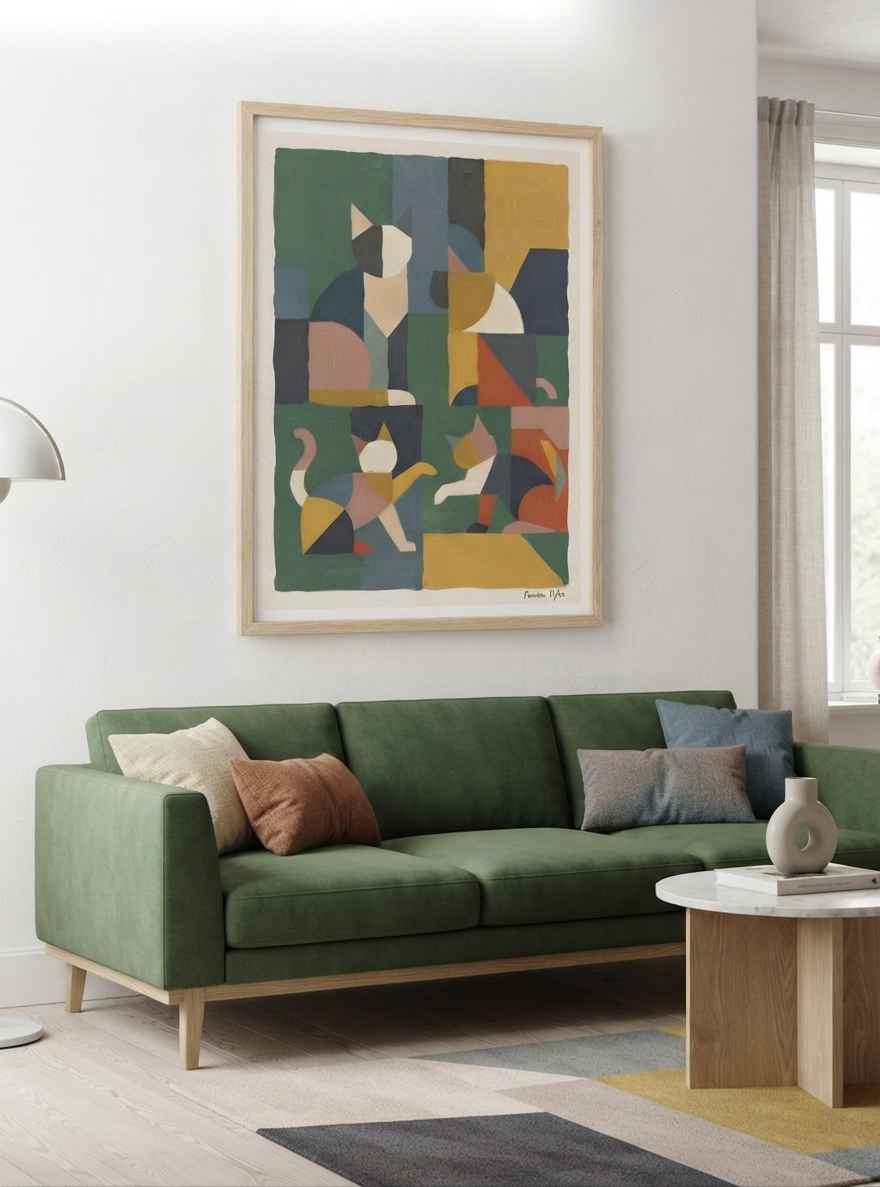 Póster acrílico de gato geométrico mid-century modern