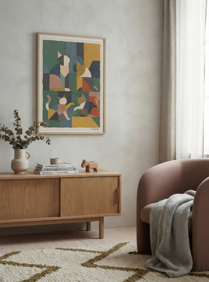 Póster acrílico de gato geométrico mid-century modern