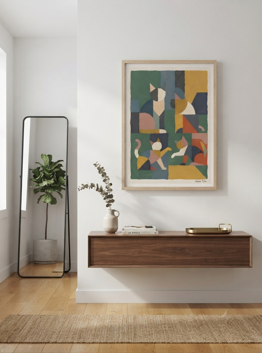 Póster acrílico de gato geométrico mid-century modern