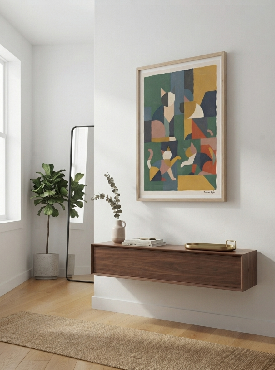 Póster acrílico de gato geométrico mid-century modern
