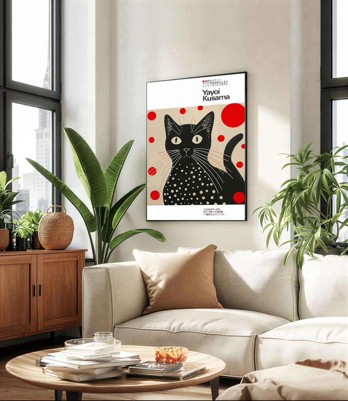 Lámina de gato negro con lunares inspirada en Yayoi Kusama