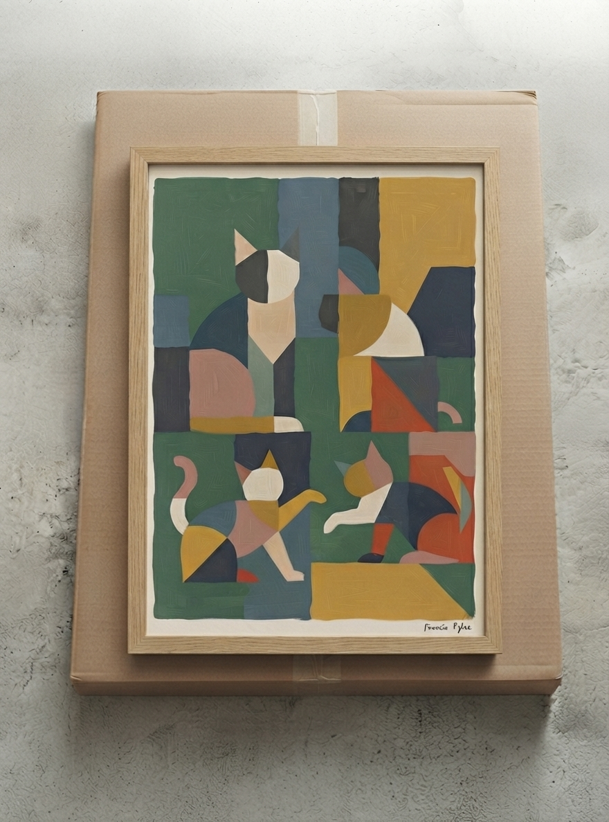 Póster acrílico de gato geométrico mid-century modern