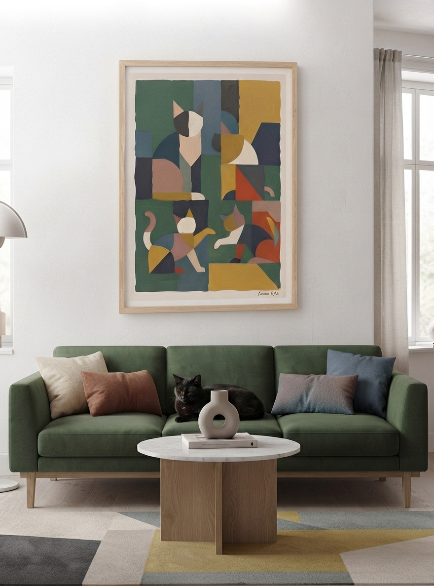Póster acrílico de gato geométrico mid-century modern